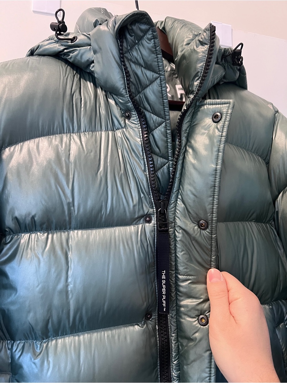 TNA Long Hooded Puffer Coat in Sage Green - Picture 2 of 7